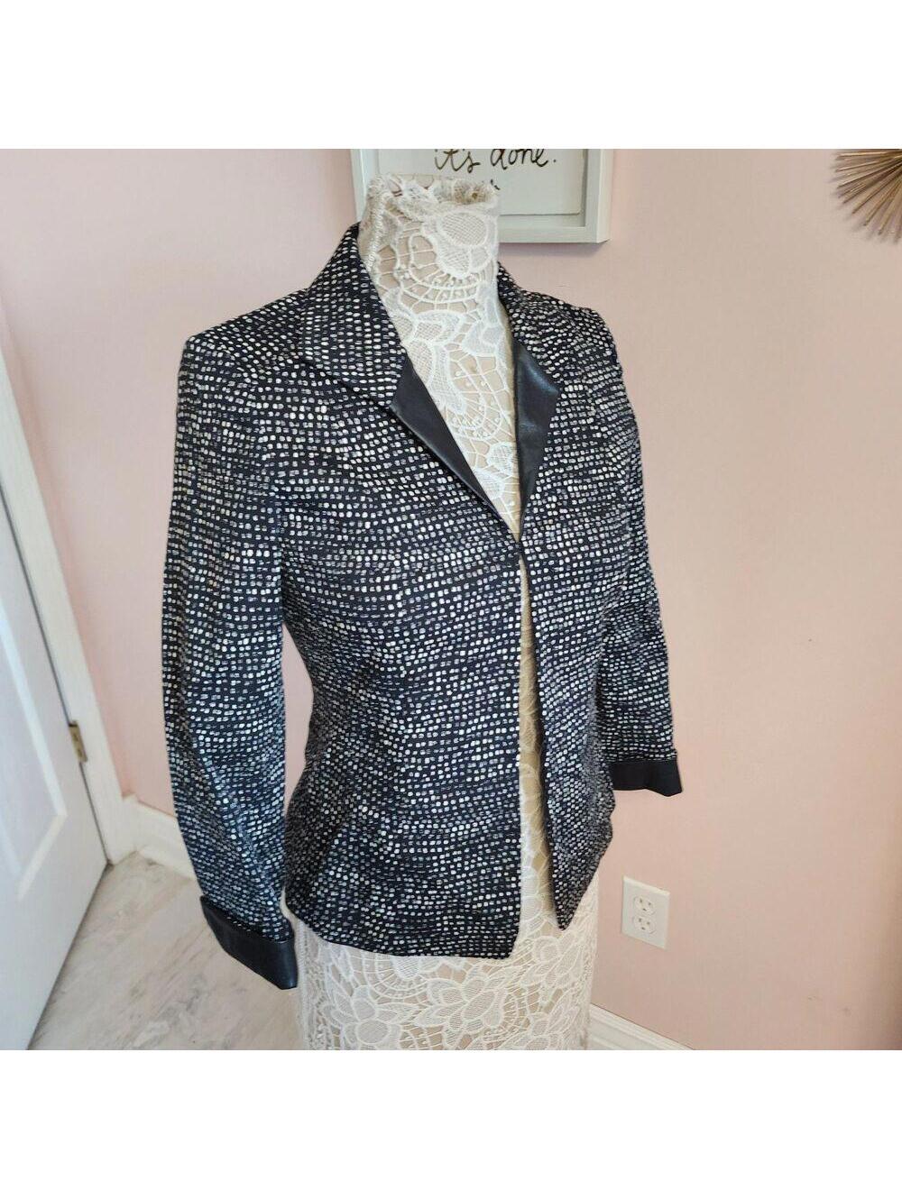 Lafayette 148 Black & White Print Cotton Blazer Jacket Faux Leather Trim Size 4